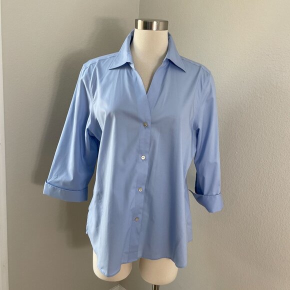 NEW Foxcroft NYC Womens Large Non Iron Stretch Blue Button Up Shirt Blouse Top - Picture 1 of 8